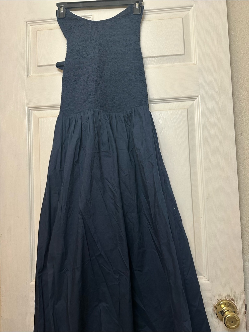 Elegant Navy Smocked Bodice Maxi Dress